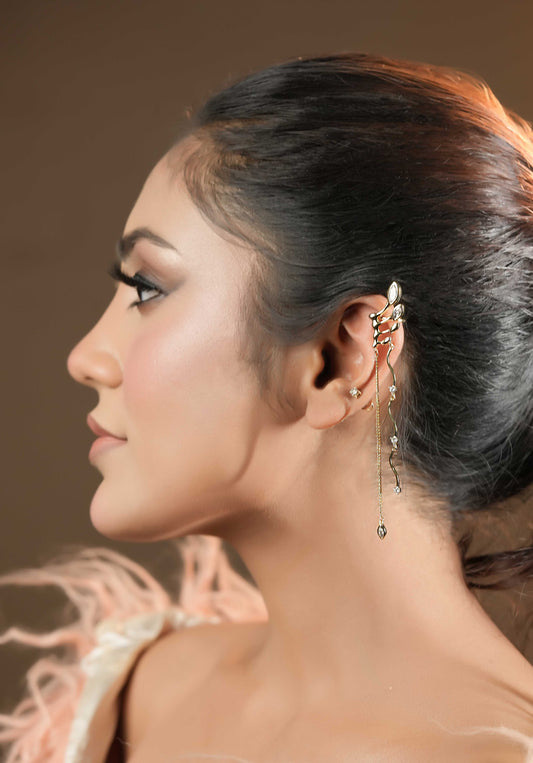 Golden studded dangler ear cuff (left ear)