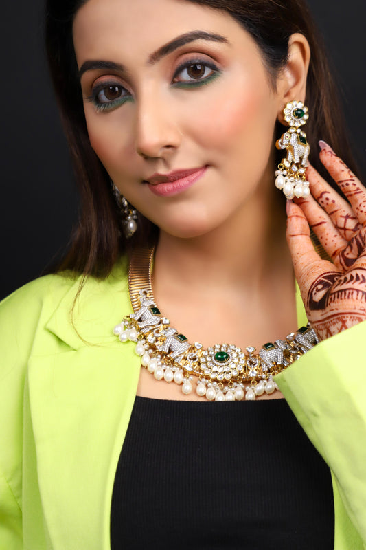 Elephant Shaped Kundan Polki Necklace Set