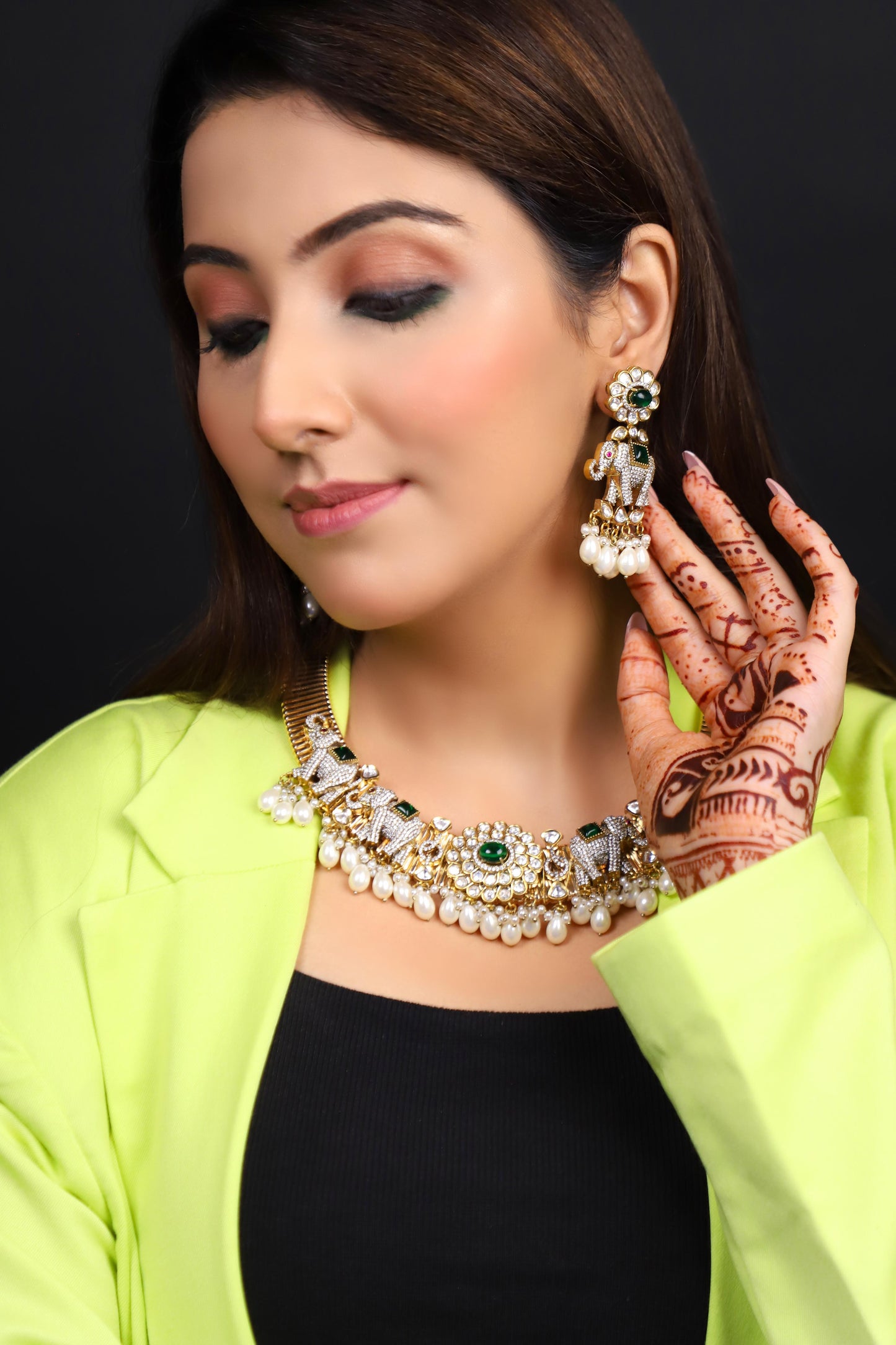 Elephant Shaped Kundan Polki Necklace Set