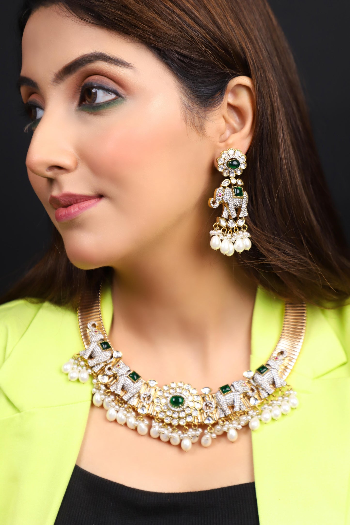 Elephant Shaped Kundan Polki Necklace Set