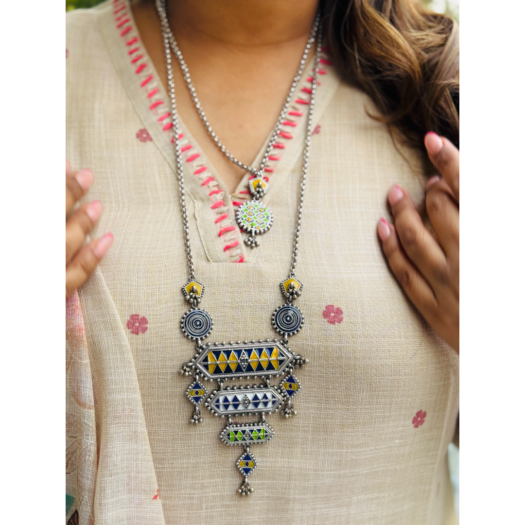 Multi-Coloured Triple Layer Long Necklace
