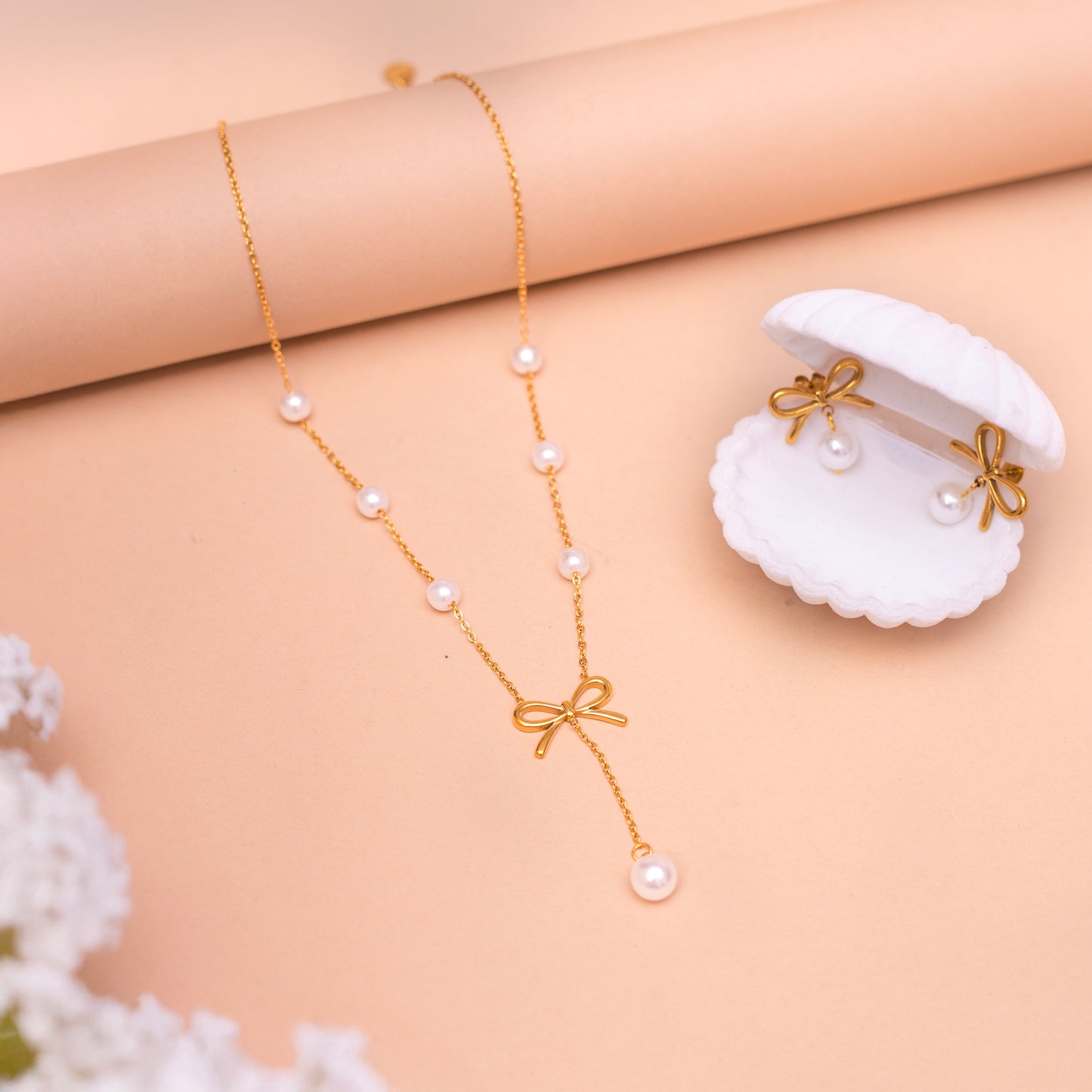 Bow Pearl Necklace Set