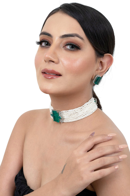 Green Emerald Pearl Choker Set