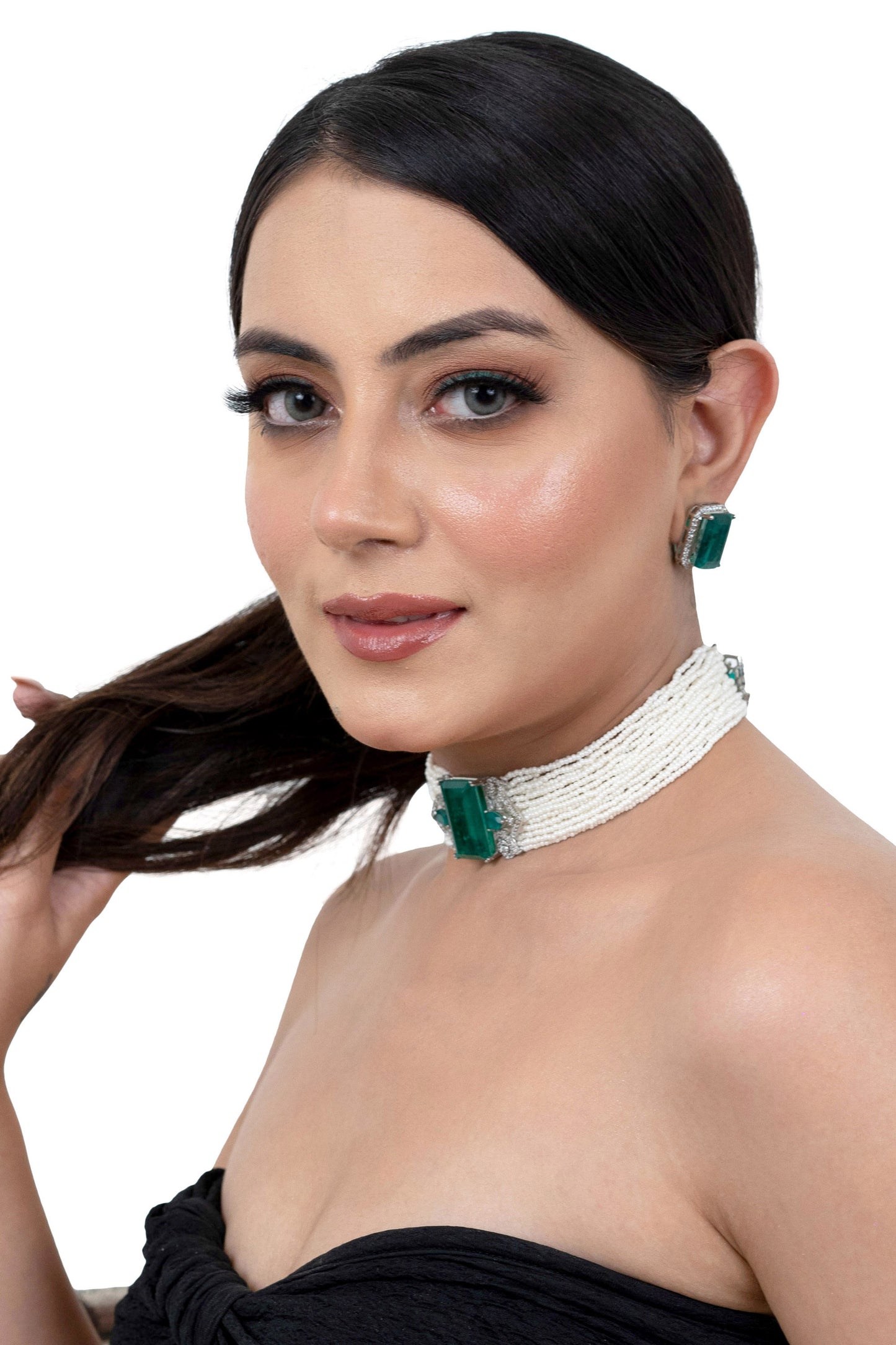 Green Emerald Pearl Choker Set