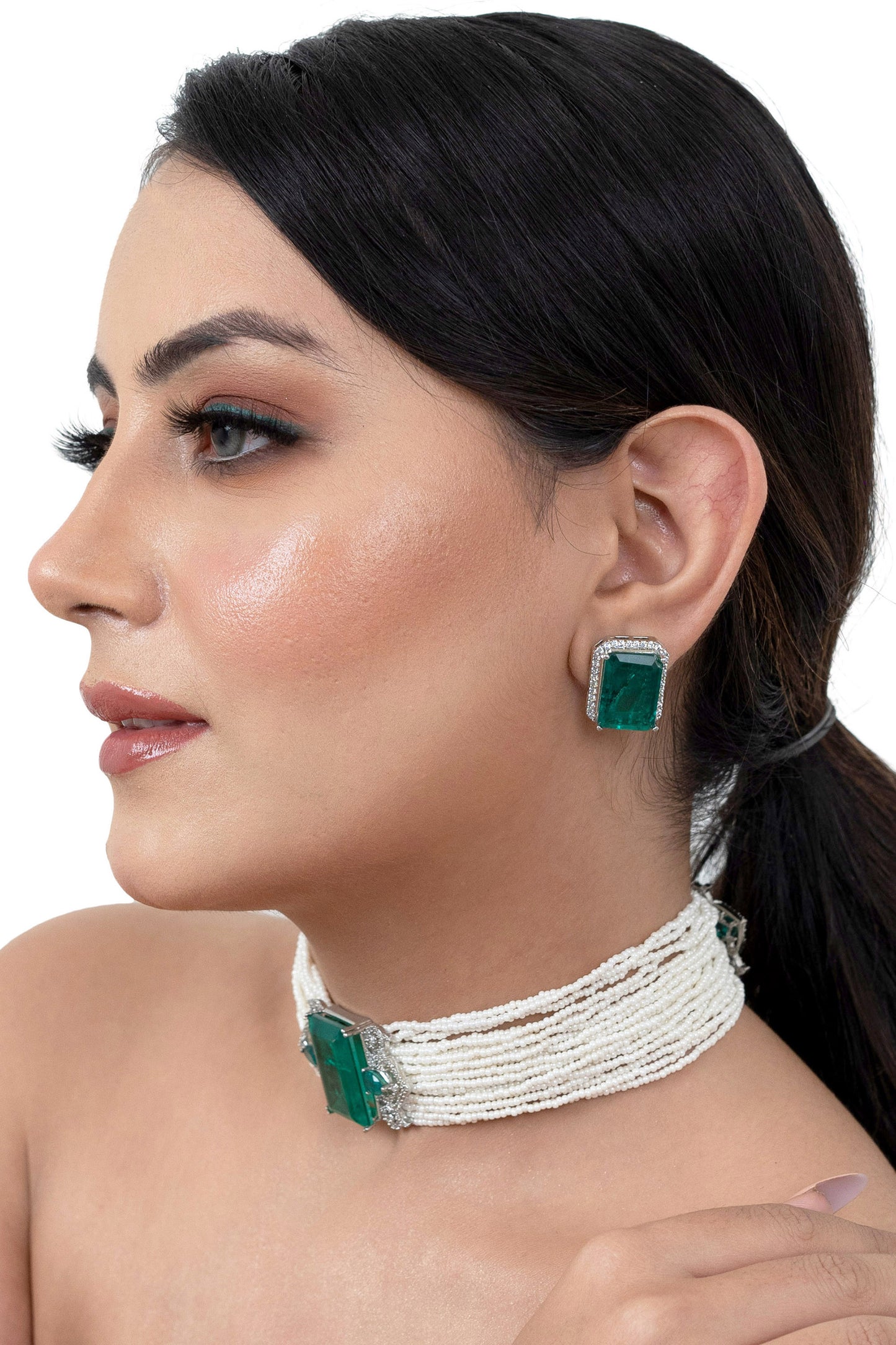 Green Emerald Pearl Choker Set