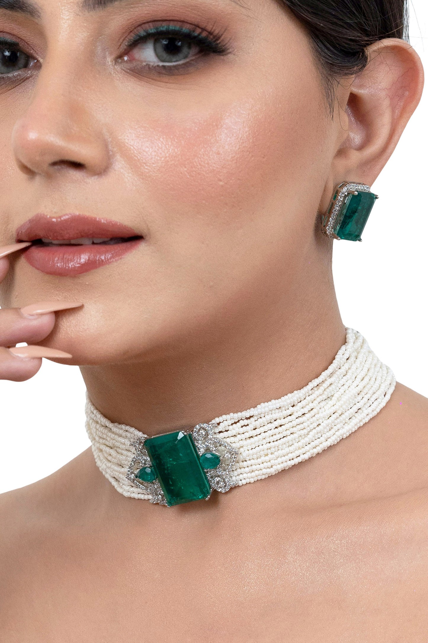 Green Emerald Pearl Choker Set