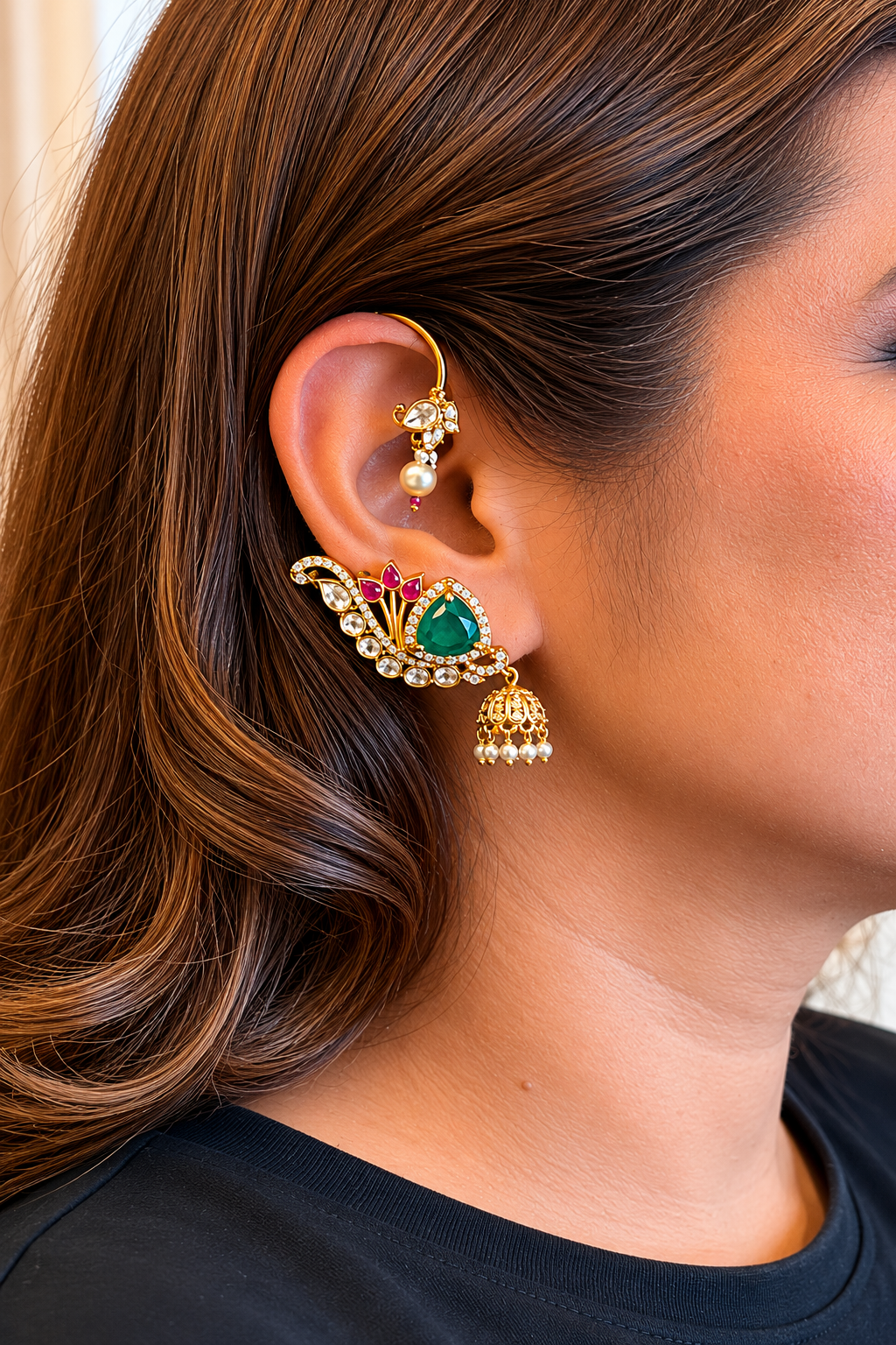 Green Emerald Jhumki Ear Cuffs