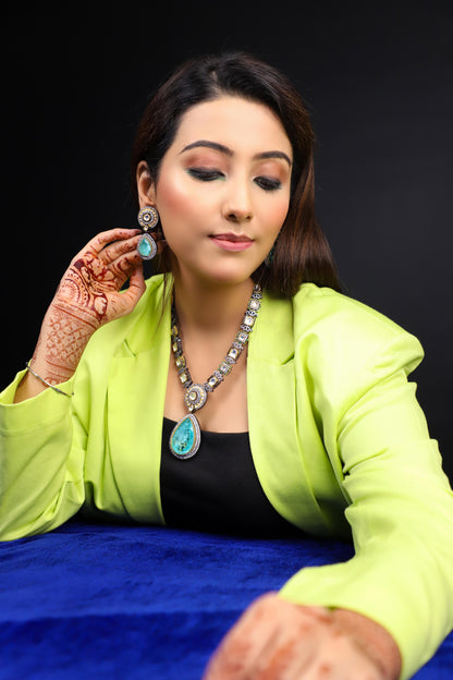 Long Blue Stone Necklace Set