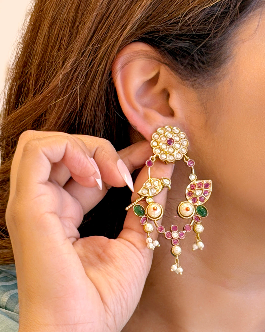 Pink Bird Kundan Earrings