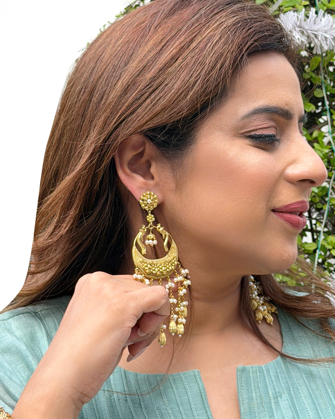 Gold Kundan Pearl Chaandbali