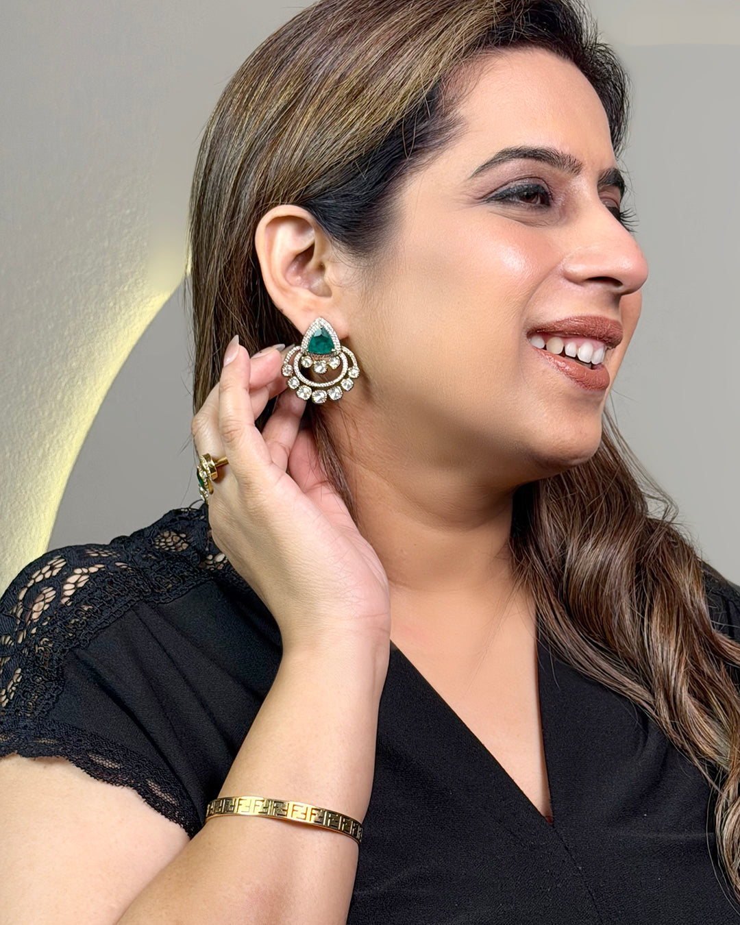 Green emerald polki studs