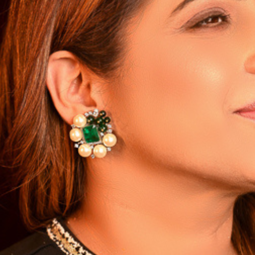 Green Emerald Pearl Studs