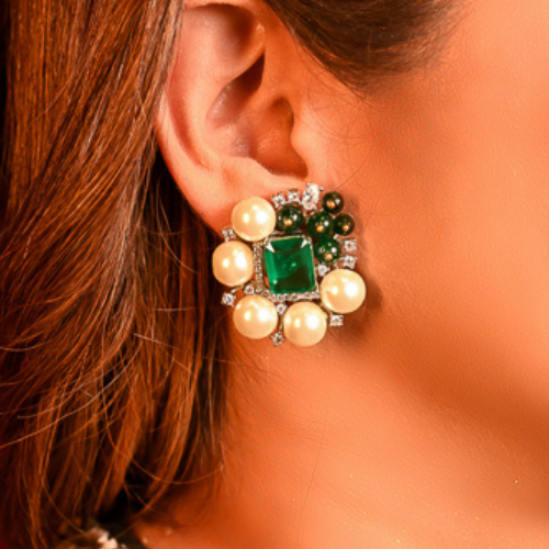 Green Emerald Pearl Studs