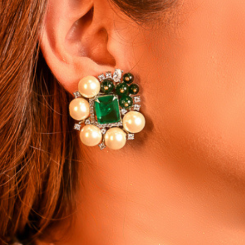 Green Emerald Pearl Studs