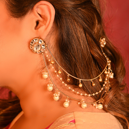 Pearl Kundan Kaan Chain Earrings