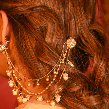 Pearl Kundan Kaan Chain Earrings