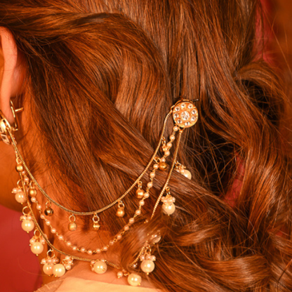 Pearl Kundan Kaan Chain Earrings