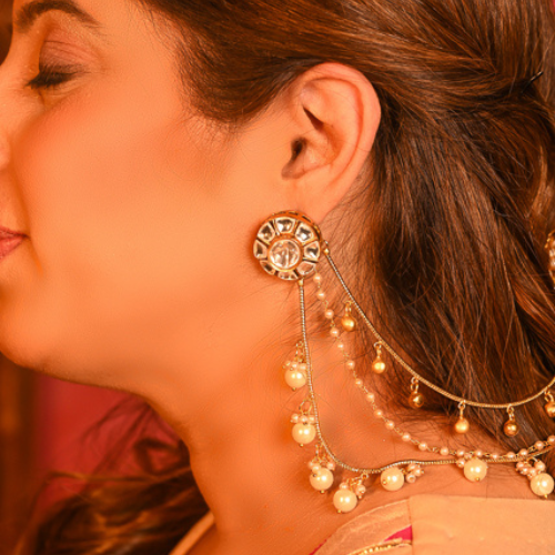Pearl Kundan Kaan Chain Earrings