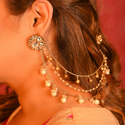 Pearl Kundan Kaan Chain Earrings